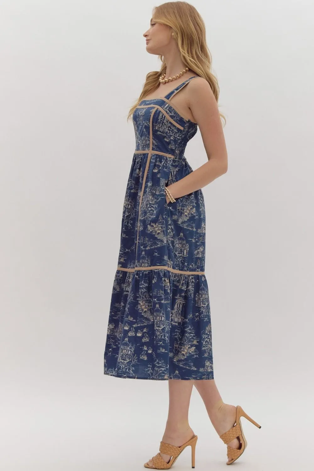 Indigo Toile Print Midi Dress