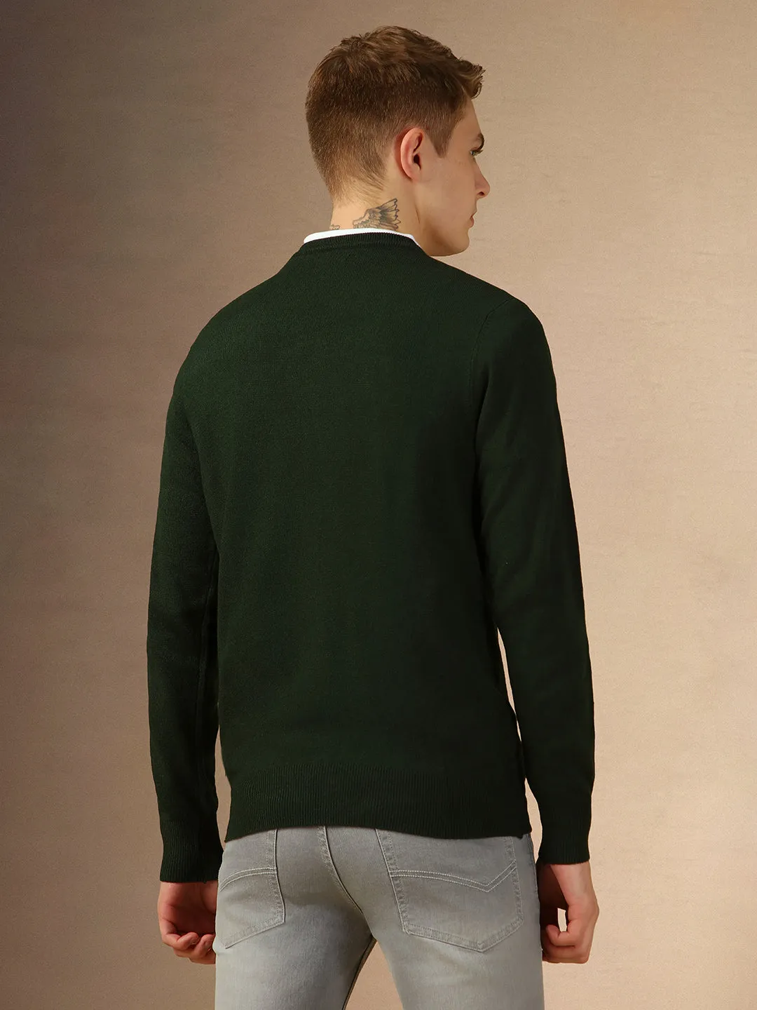 Men's Dark Green Crew Neck Full Sleeves Slim Fit Pullover Sweater