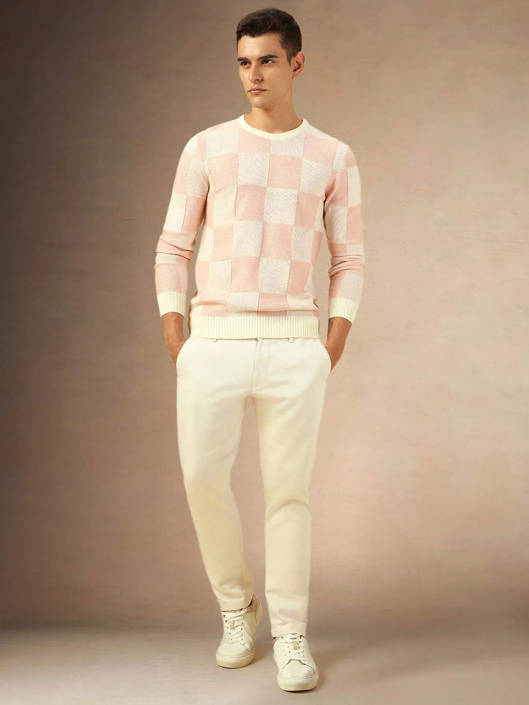 Men's Dusty Pink Crew Neck Checkered Pullover Sweater