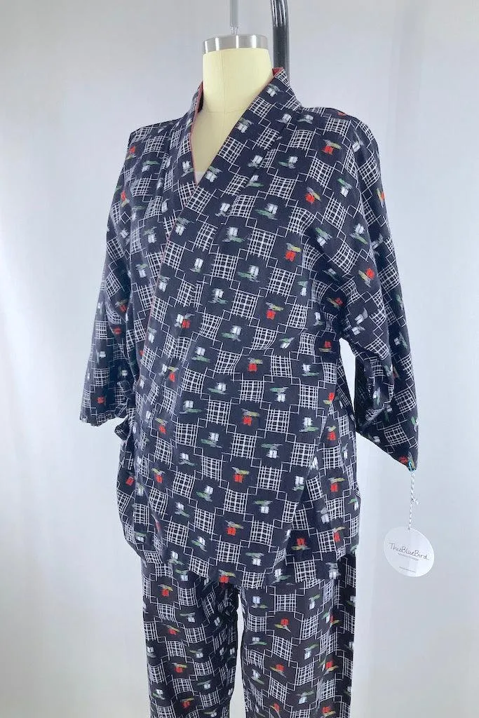 Navy Blue Ikat Cotton Kimono Top & Pants Set