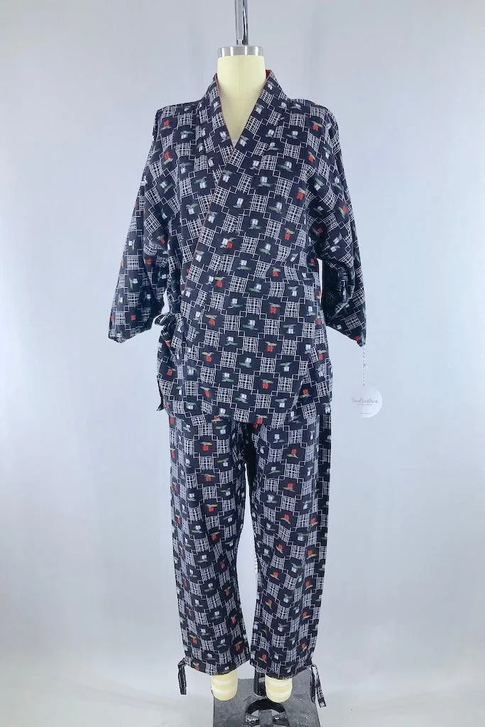 Navy Blue Ikat Cotton Kimono Top & Pants Set