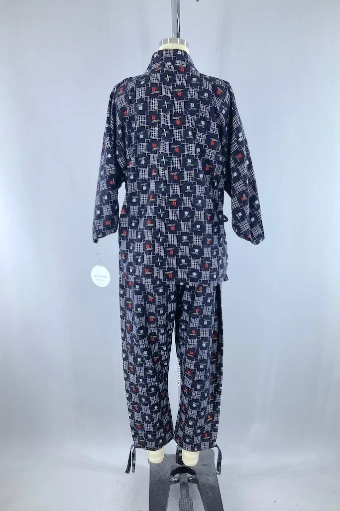 Navy Blue Ikat Cotton Kimono Top & Pants Set