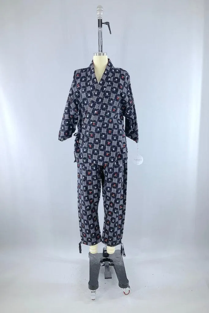 Navy Blue Ikat Cotton Kimono Top & Pants Set