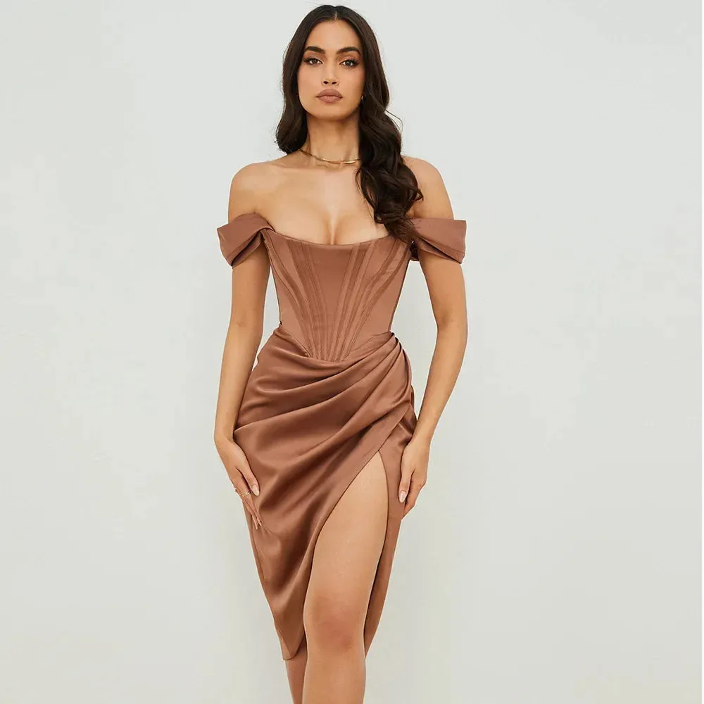 Off Shoulder Satin Corset Midi Dress with Split