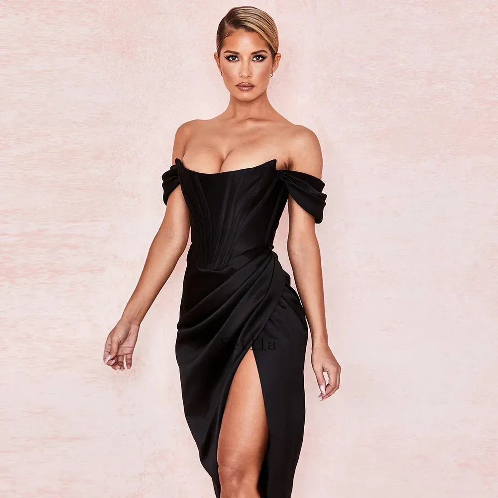 Off Shoulder Satin Corset Midi Dress with Split