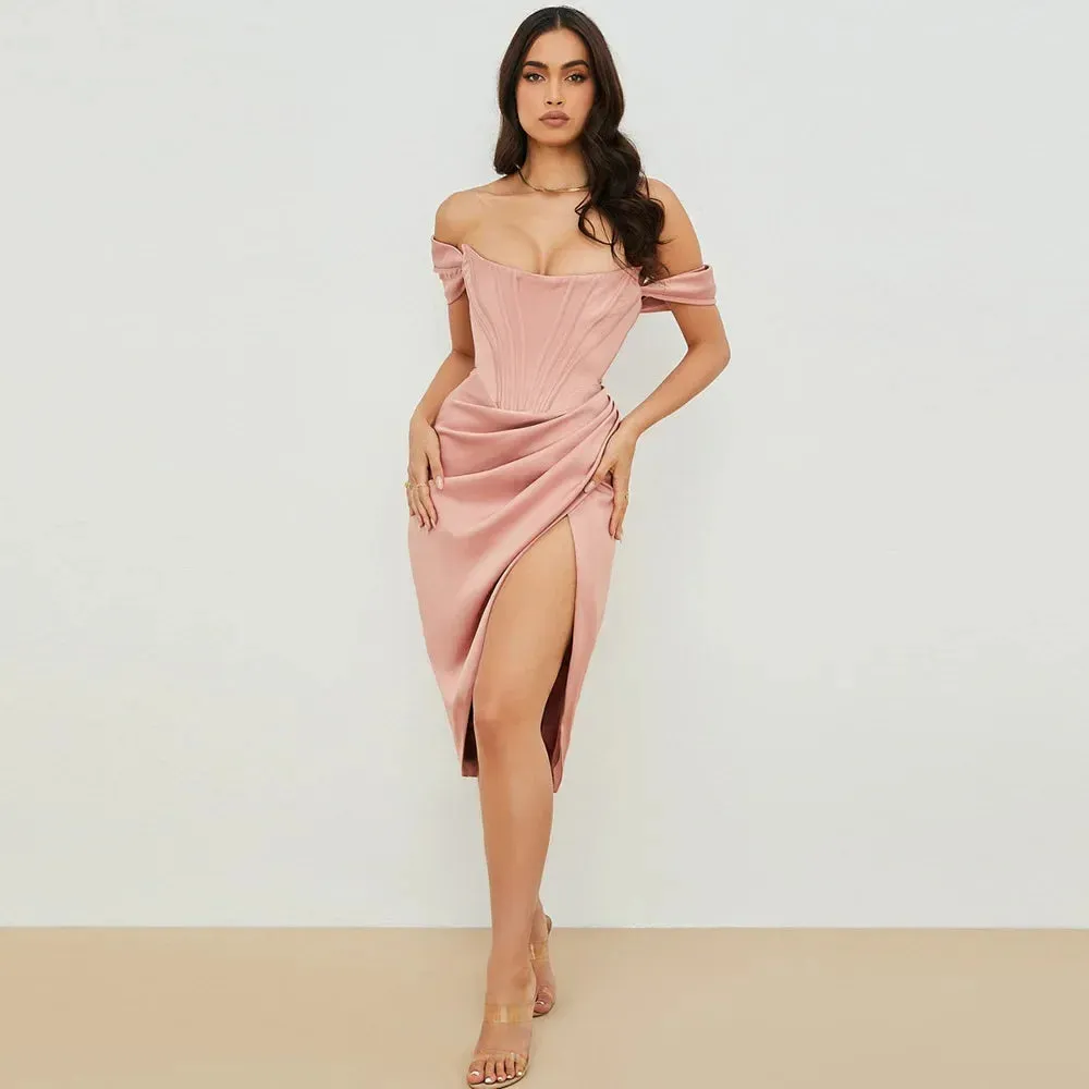 Off Shoulder Satin Corset Midi Dress with Split