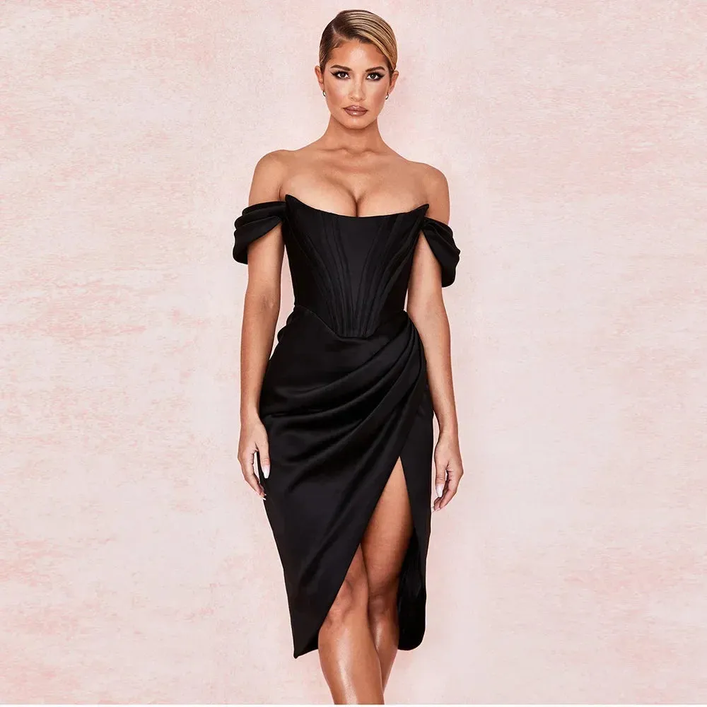 Off Shoulder Satin Corset Midi Dress with Split