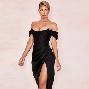 Off Shoulder Satin Corset Midi Dress with Split