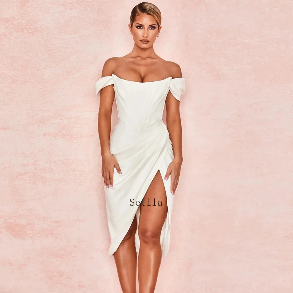 Off Shoulder Satin Corset Midi Dress with Split