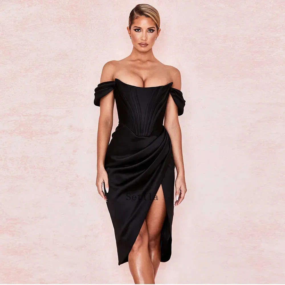 Off Shoulder Satin Corset Midi Dress with Split