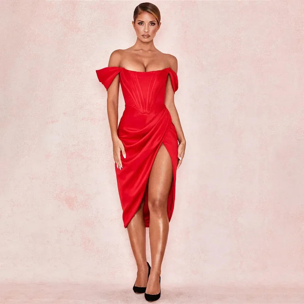 Off Shoulder Satin Corset Midi Dress with Split