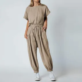 Pleated Loose Button Slit Jumpsuit