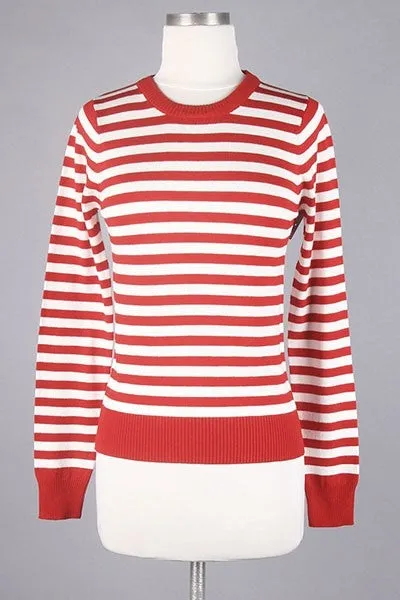 Red & White Striped Crew Neck Sweater