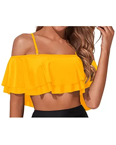 Sexy Ruffle Bikini Top Off Shoulder Swim Top-Yellow