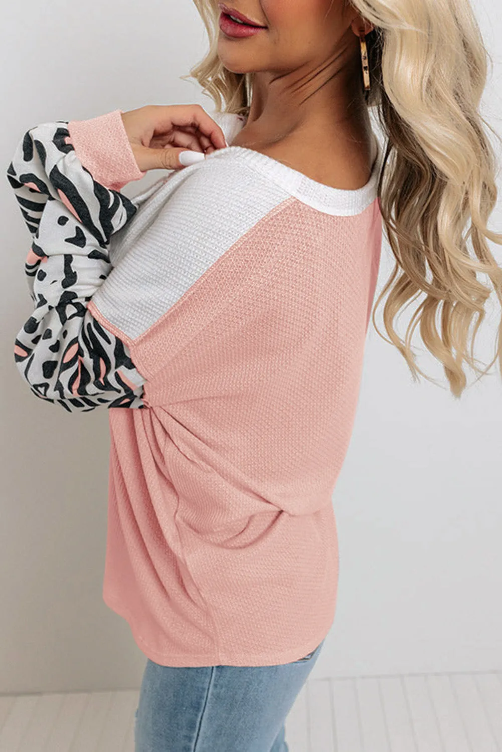 Sleeve Patchwork Waffle Knit Top