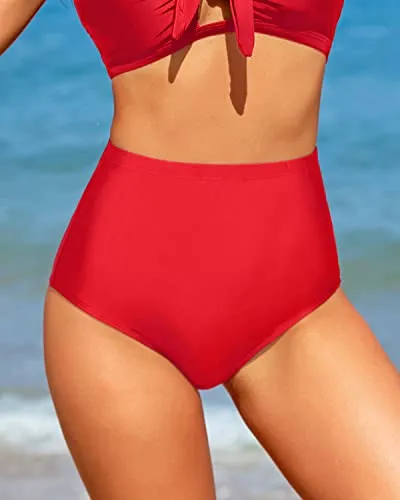 Stylish High Waisted Swim Shorts Retro High Waisted Bikini Bottoms-Red