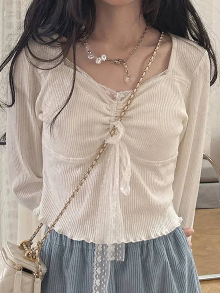 Sweet Lace Long Sleeve Casual Chic Shirt-Top