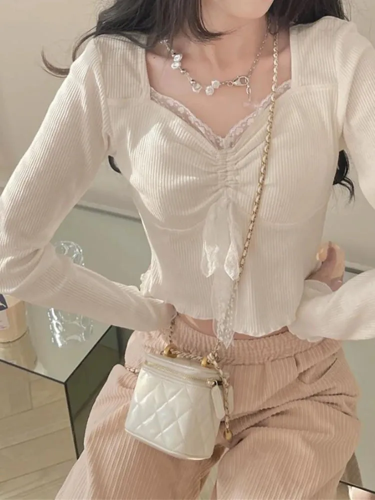 Sweet Lace Long Sleeve Casual Chic Shirt-Top