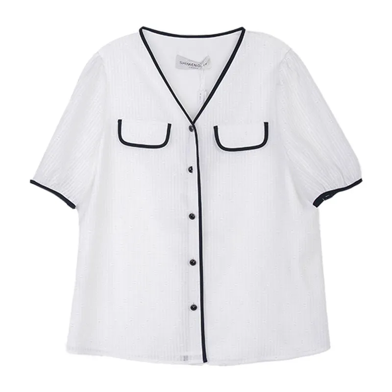 White Contrast Color Short Sleeve Shirt