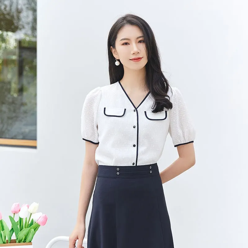 White Contrast Color Short Sleeve Shirt