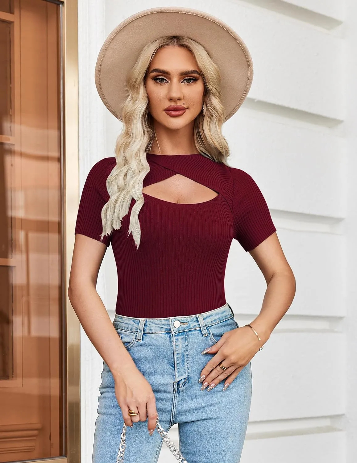 Zeagoo Womens Short Sleeve T Shirts 2024 Summer Casual Knit Slim Fit Trendy Basic Cute Sweater Tops