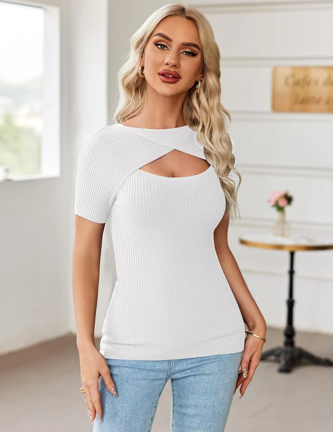 Zeagoo Womens Short Sleeve T Shirts 2024 Summer Casual Knit Slim Fit Trendy Basic Cute Sweater Tops