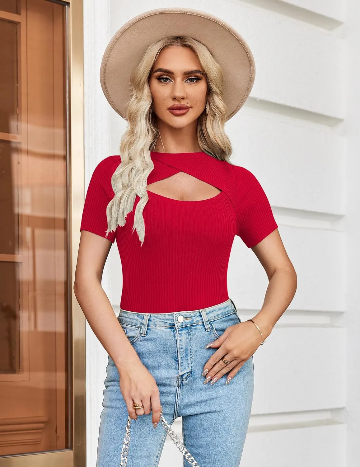 Zeagoo Womens Short Sleeve T Shirts 2024 Summer Casual Knit Slim Fit Trendy Basic Cute Sweater Tops