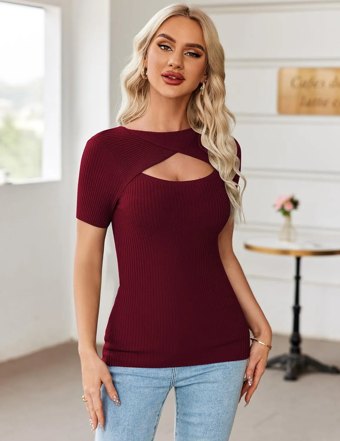 Zeagoo Womens Short Sleeve T Shirts 2024 Summer Casual Knit Slim Fit Trendy Basic Cute Sweater Tops