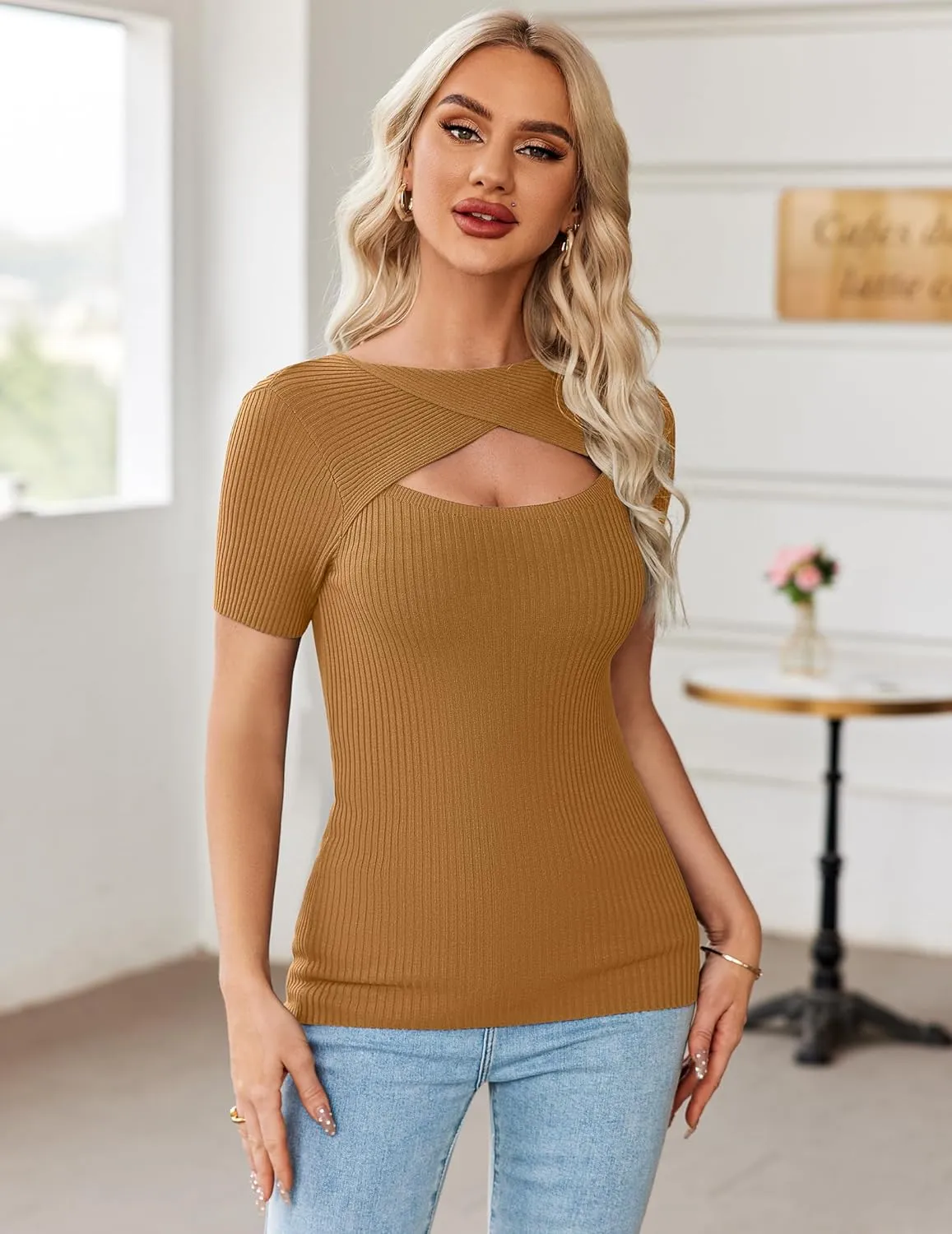 Zeagoo Womens Short Sleeve T Shirts 2024 Summer Casual Knit Slim Fit Trendy Basic Cute Sweater Tops