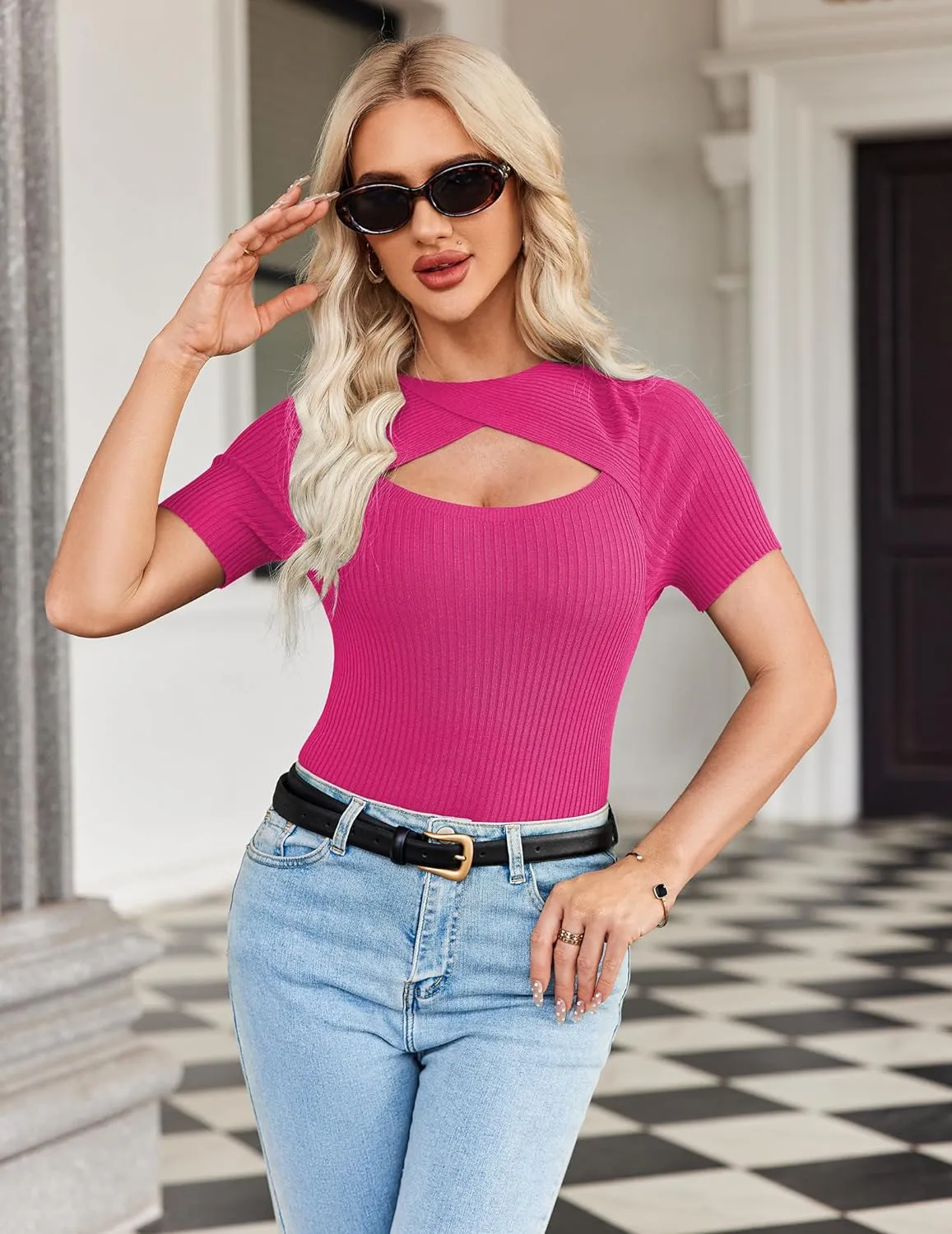 Zeagoo Womens Short Sleeve T Shirts 2024 Summer Casual Knit Slim Fit Trendy Basic Cute Sweater Tops