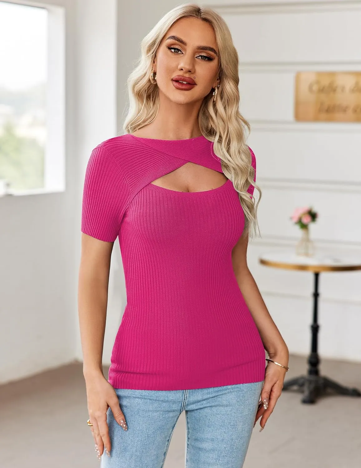 Zeagoo Womens Short Sleeve T Shirts 2024 Summer Casual Knit Slim Fit Trendy Basic Cute Sweater Tops